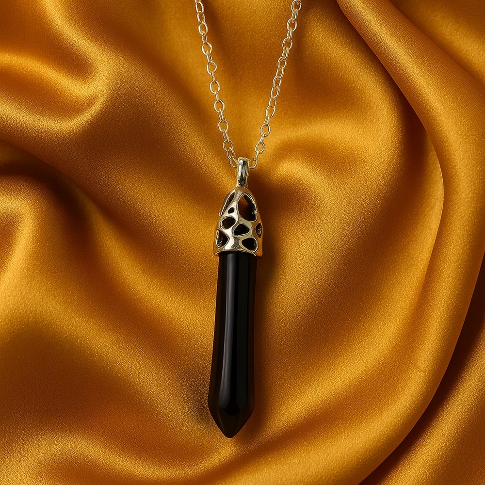 Black Onyx Pendant Necklace – Silver Filigree Cap, Polished Gemstone Jewelry